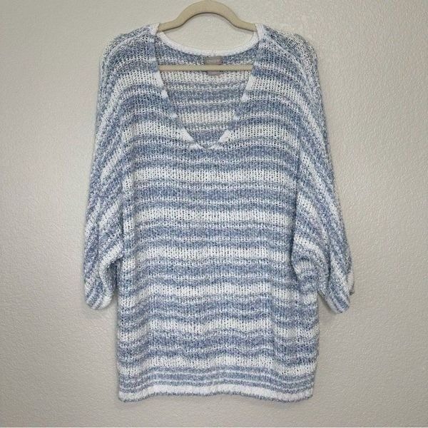Chico’s Linen Blend Striped Tape Yarn V-Neck Pullover Sweater