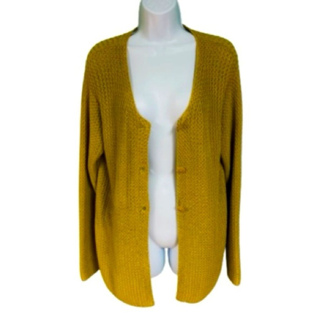 Peruvian Connection Mustard Yellow/Green Button Cardigan Womens Size L
