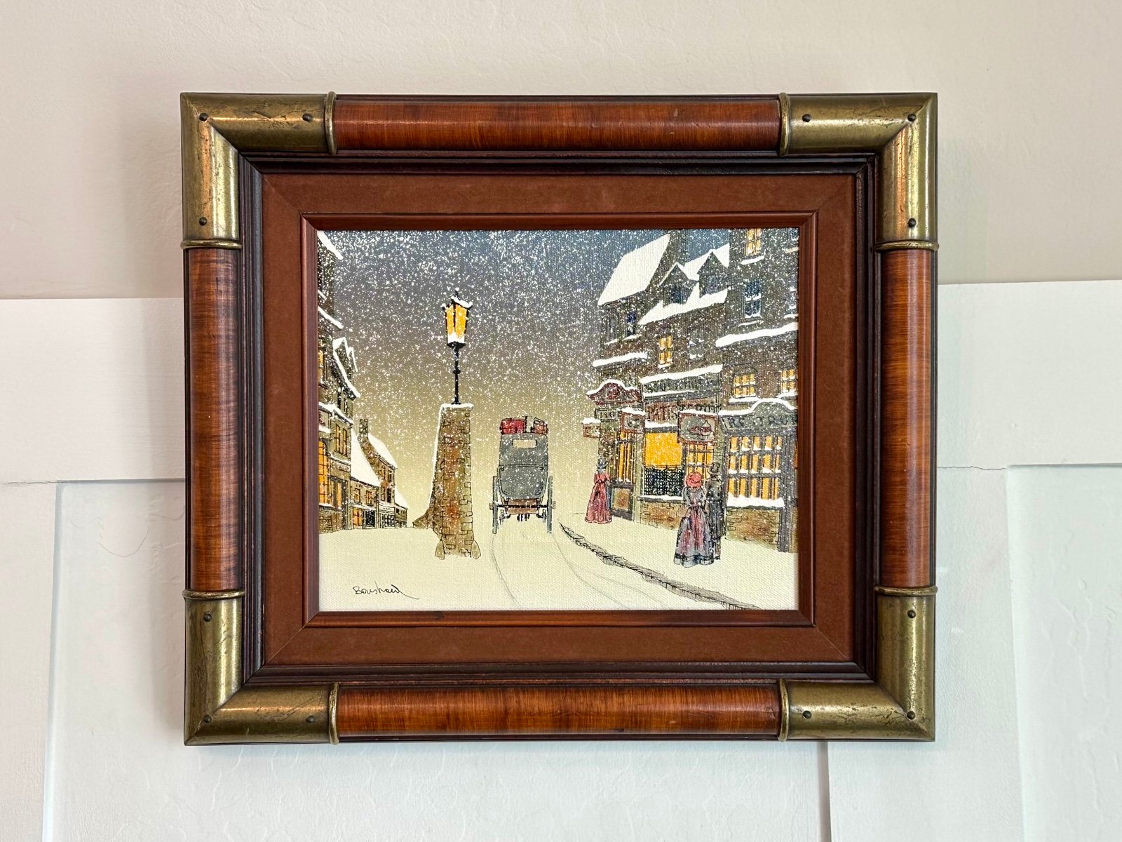 Vintage Art Snowy Village Bouchard, Maurice Signed Town Brass Wood Frame