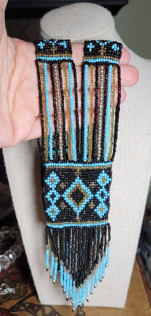 Stunning Handcrafted Native Ethnic Beaded Necklace Blue Black Gold