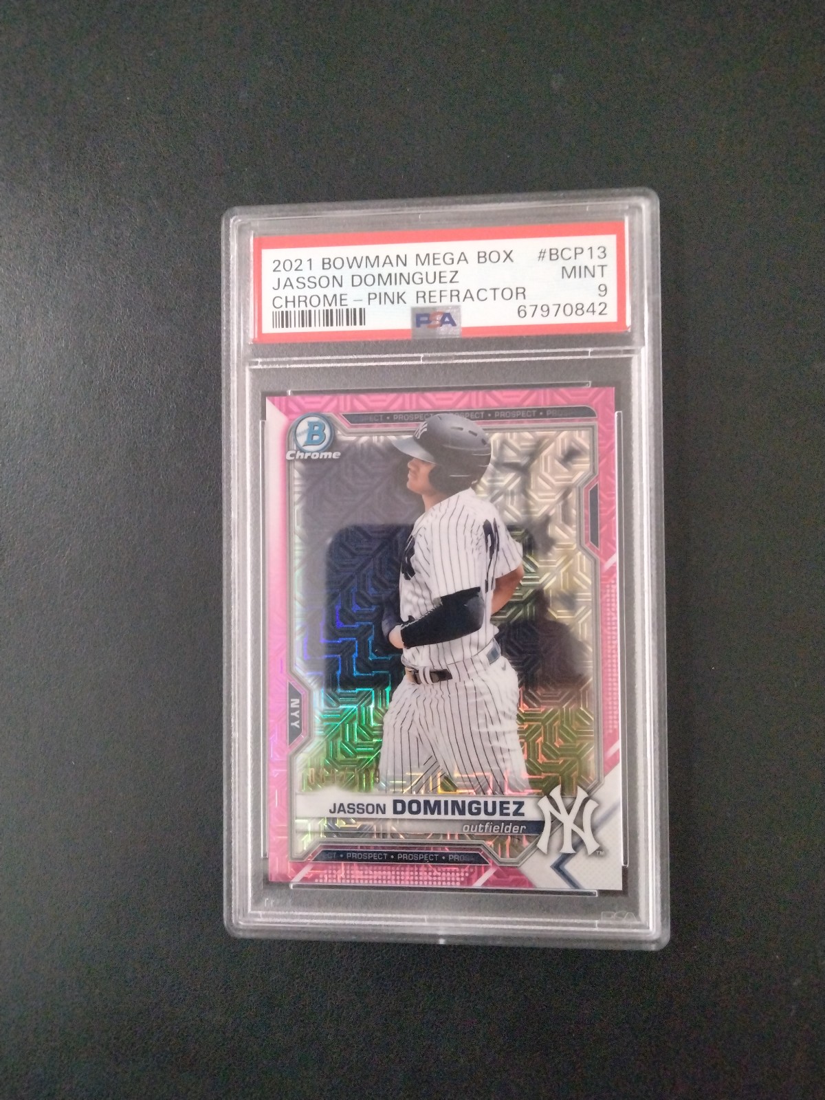 21 Panini Bowman Mega Box Jasson Dominguez Chrome Pink Refractor #69/199. PSA 9