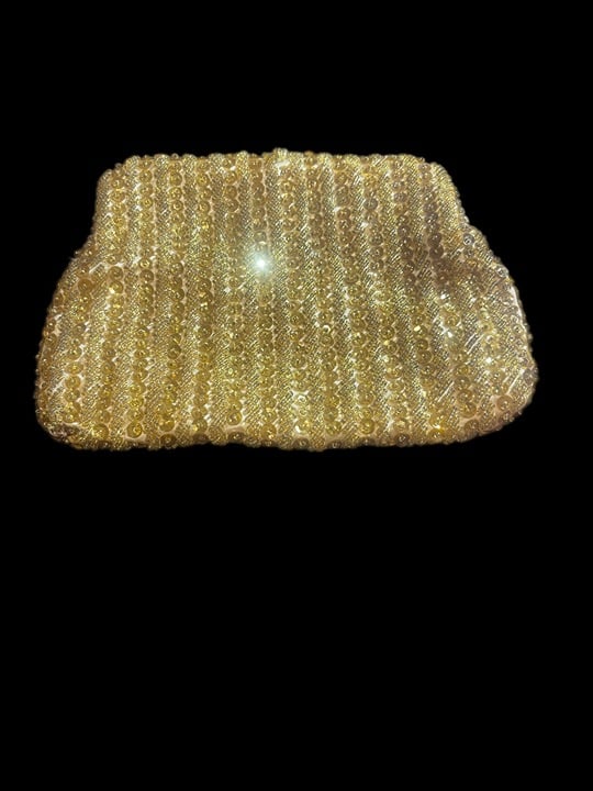 Vintage Richere Gold Beaded Clutch Purse Handbag with Strap 8 in. L x 6 in. H