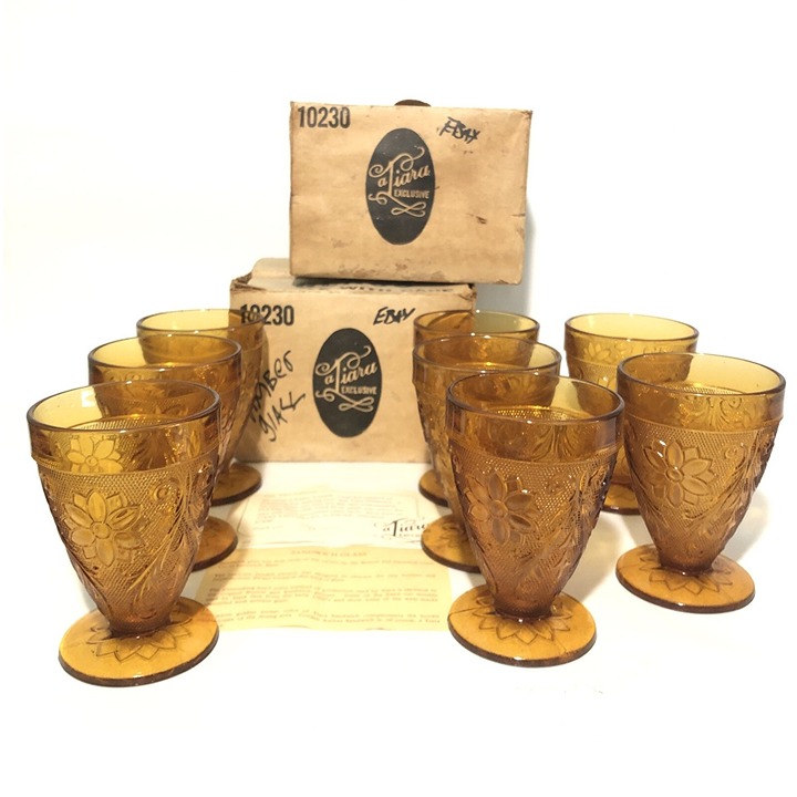 (8) Tiara Amber Sandwich Glass Pattern Footed Compote Glasses 4.5in Set W/ Box!