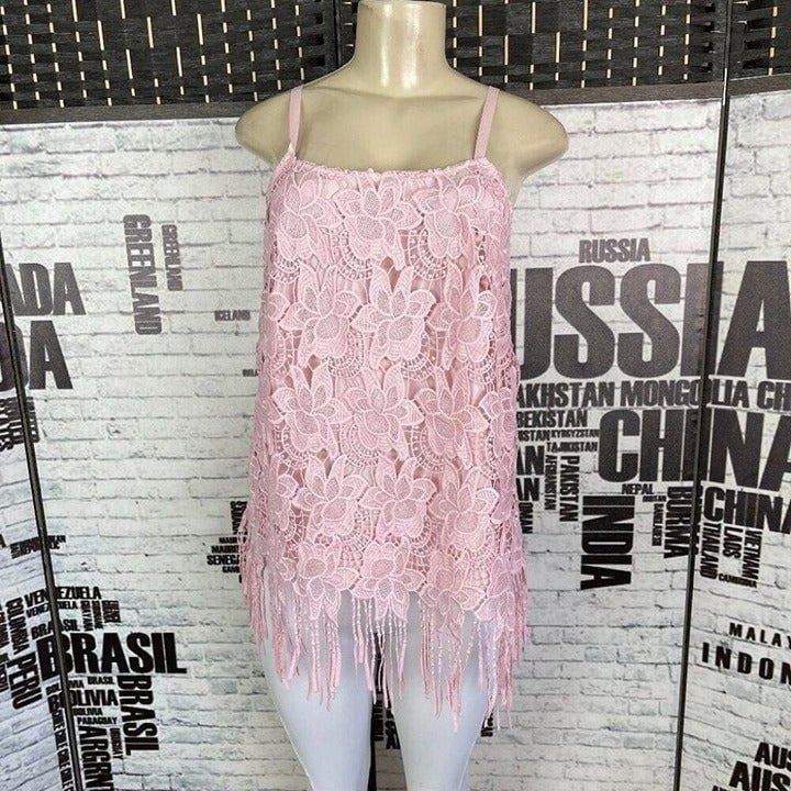Roaman's Large-12W Pink Lace Lined Fringe Hemline Adjustable Straps Camisole