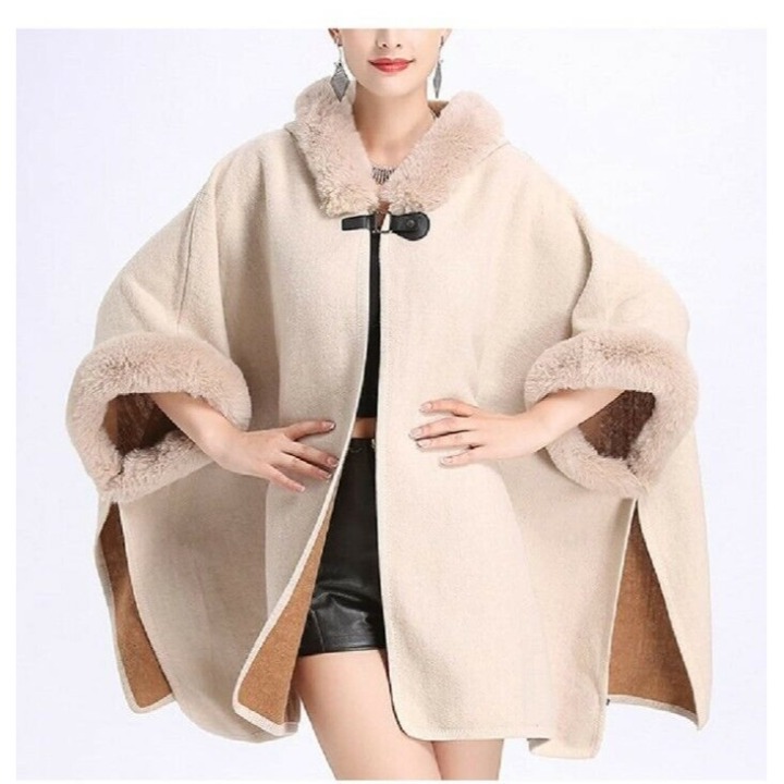 Women Knit Faux Fur Poncho Trimmed Shawl Cape Cardigan Sweater Jacket Scarf