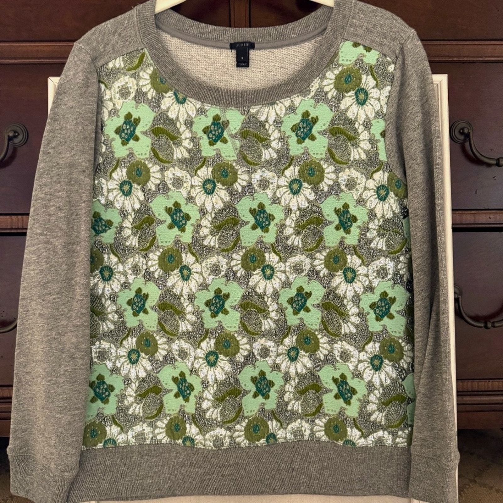 J. Crew green and white brocade floral long sleeve crew neck sweatshirt - S NWT