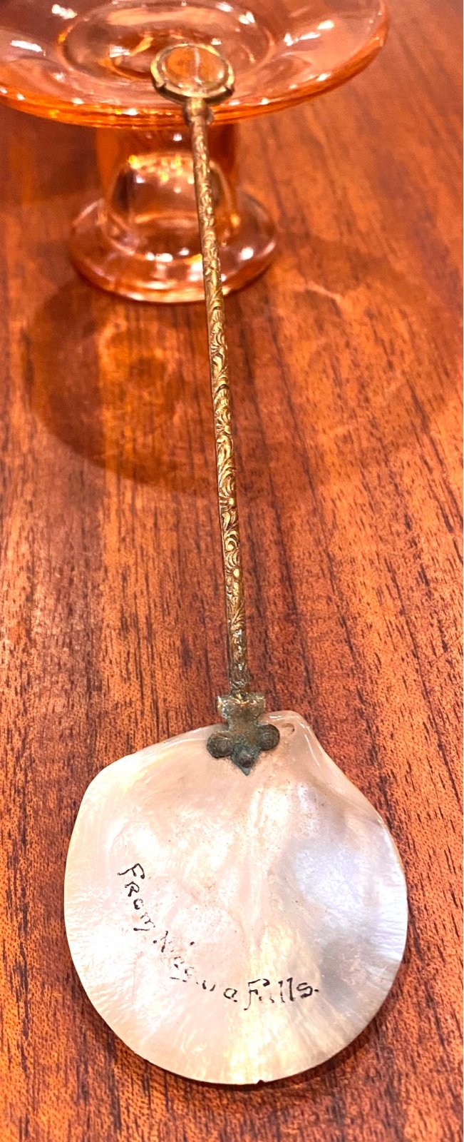 Edwardian Mother of Pearl Caviar Spoon with brass handle with old portrait on th