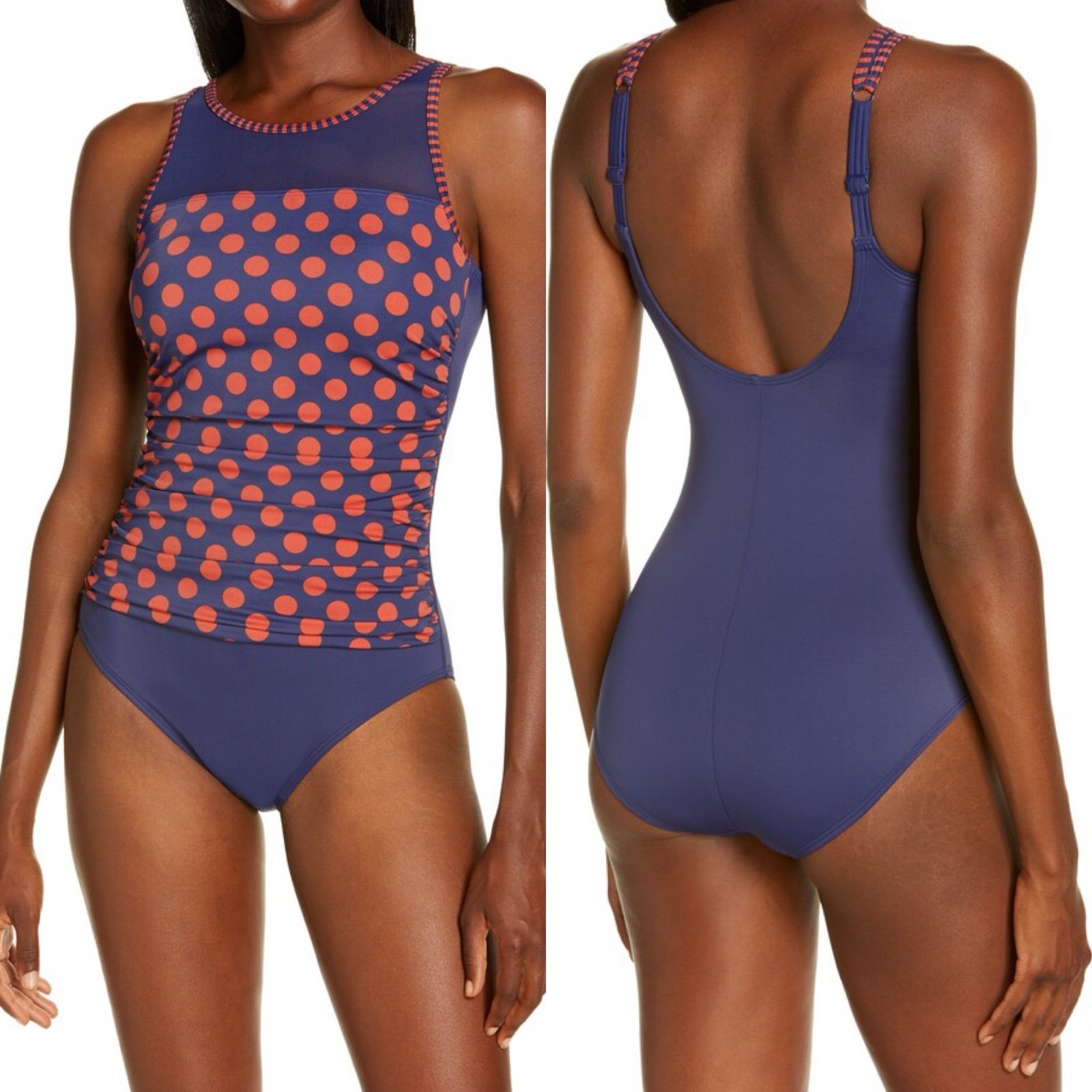 Amoena Alabama Ruched High Neck Polka Dot One-Piece Swimsuit in Navy Rust 8B