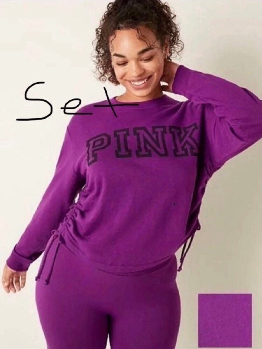 VS PINK Adjustable Ruched Side Crew Sweatshirt & Legging Set Violet Purple Sz L