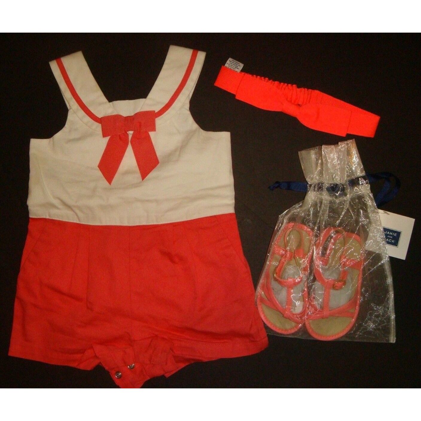 Janie & Jack 6-12 one-piece ROMPER+hair band+sandals 4 WHITE coral red NEON bow