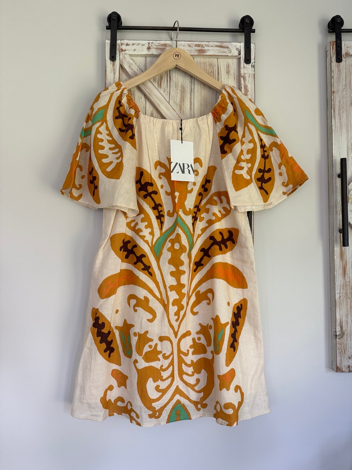 New Zara PRINTED LINEN BLEND DRESS