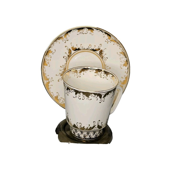 VTG Lomonosov White Heavily Gold Gilded porcelain coffee/tea Cup Saucer Set