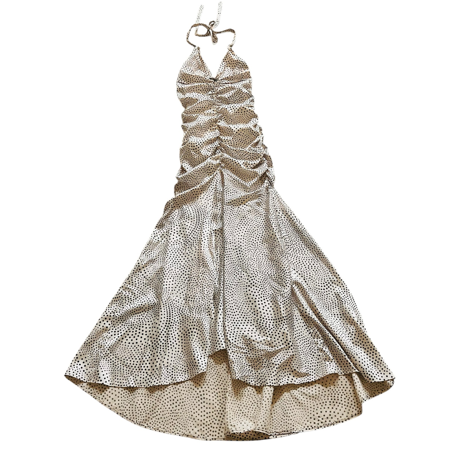 Jessica McClintock Cream Black Polka Dot Ruched Halter Neck Maxi Dress Size 4