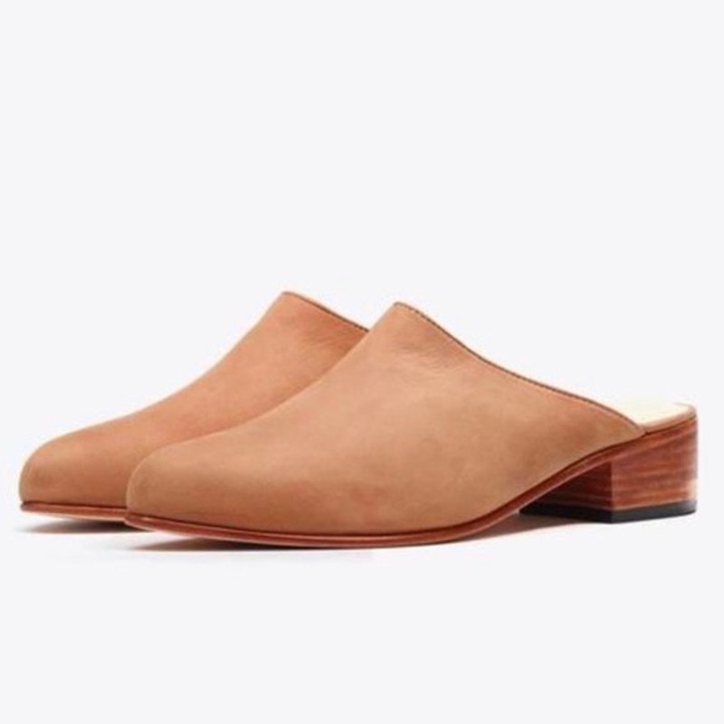 Nisolo Mules Clogs Mariella Tan Sand Suede Leather Block Heels Wooden Almond Toe