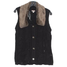 J Jill Womens Sweater Vest Faux Fur Collar Cable Knit Fisherman Wool Small IW