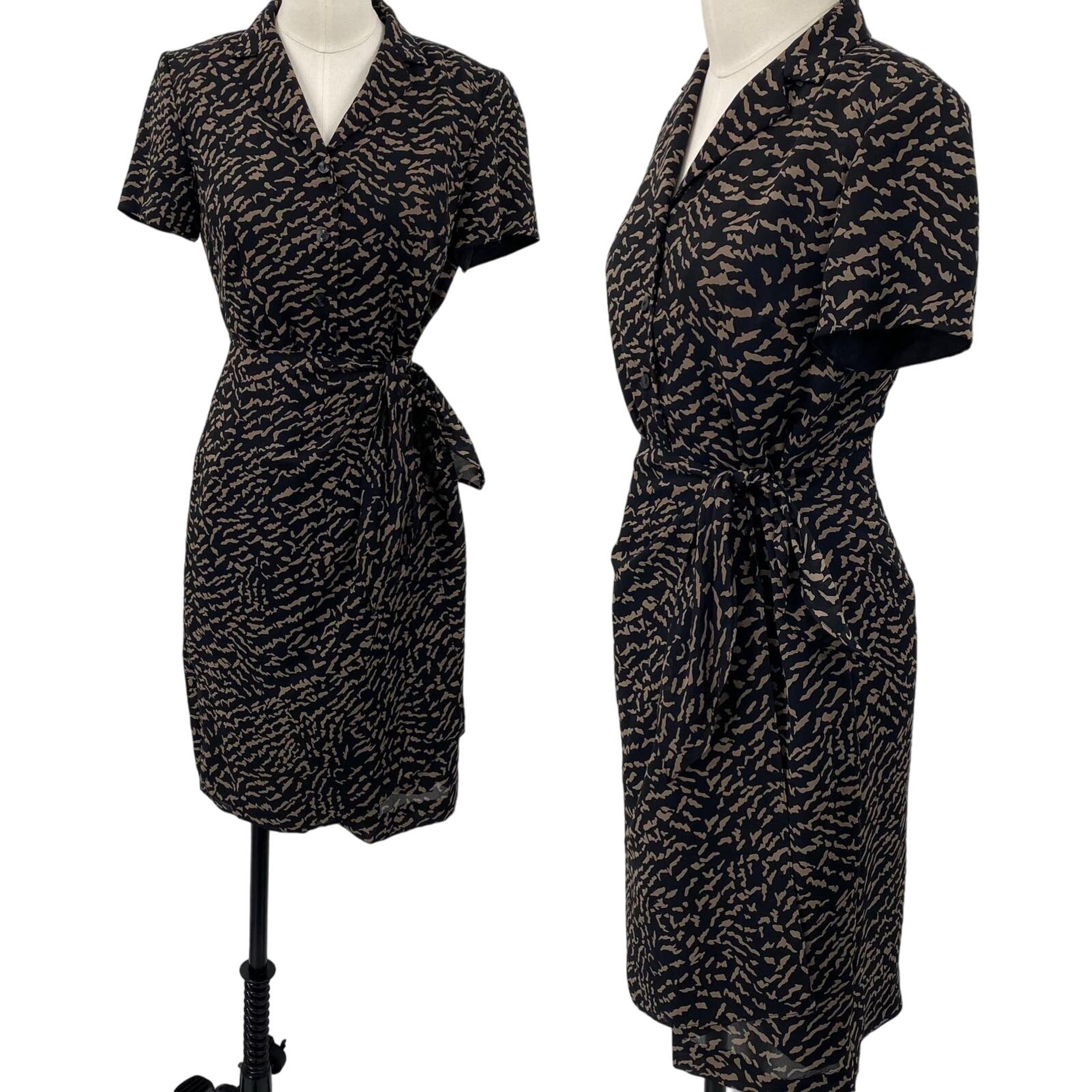 Vintage 90s Abstract Animal Print Shirt Dress Tie Waist Wrap Black Brown Small P