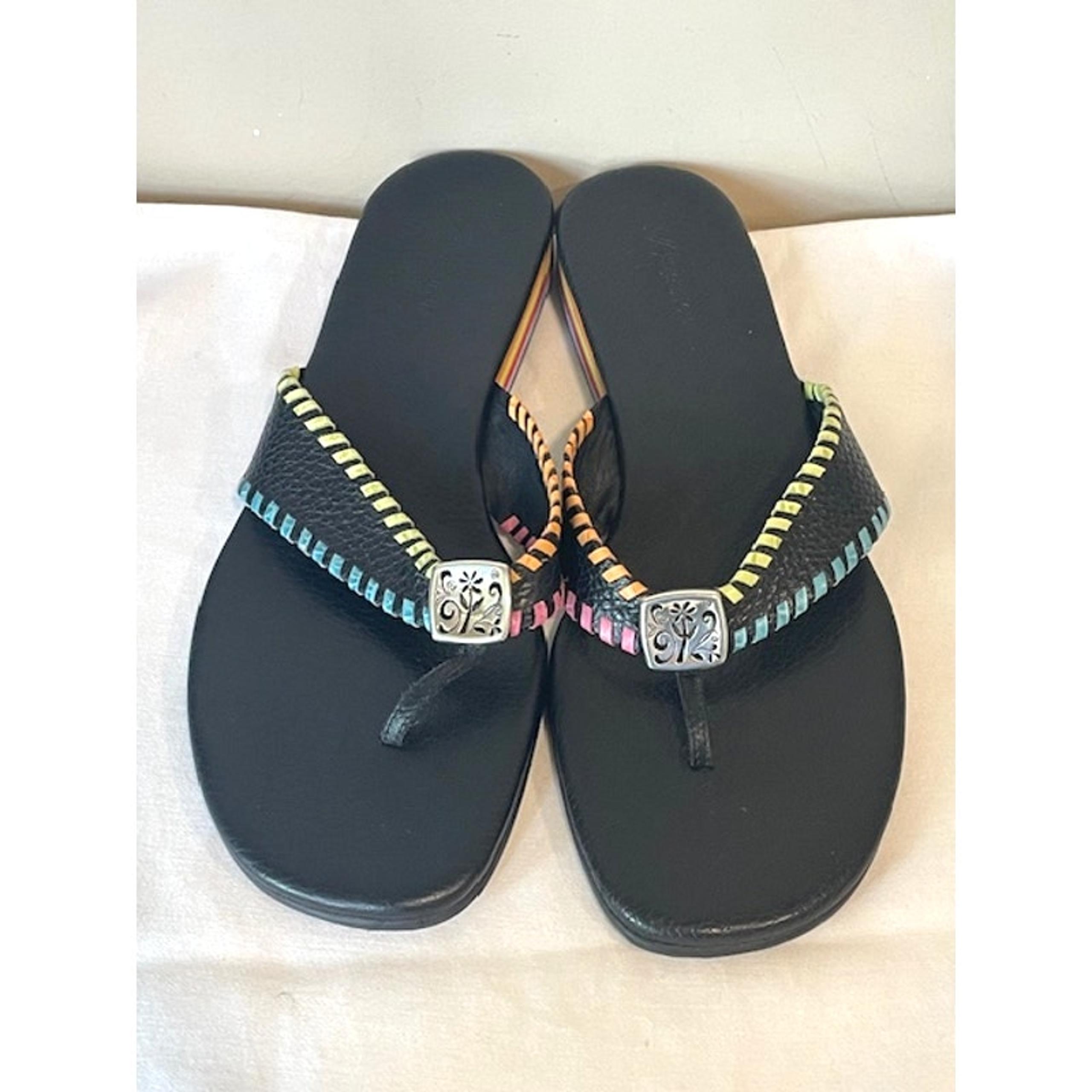 BRIGHTON Sandals WOMENS 8.5M Cheryl Flip Flop Thong Colorful Whipstitch Black