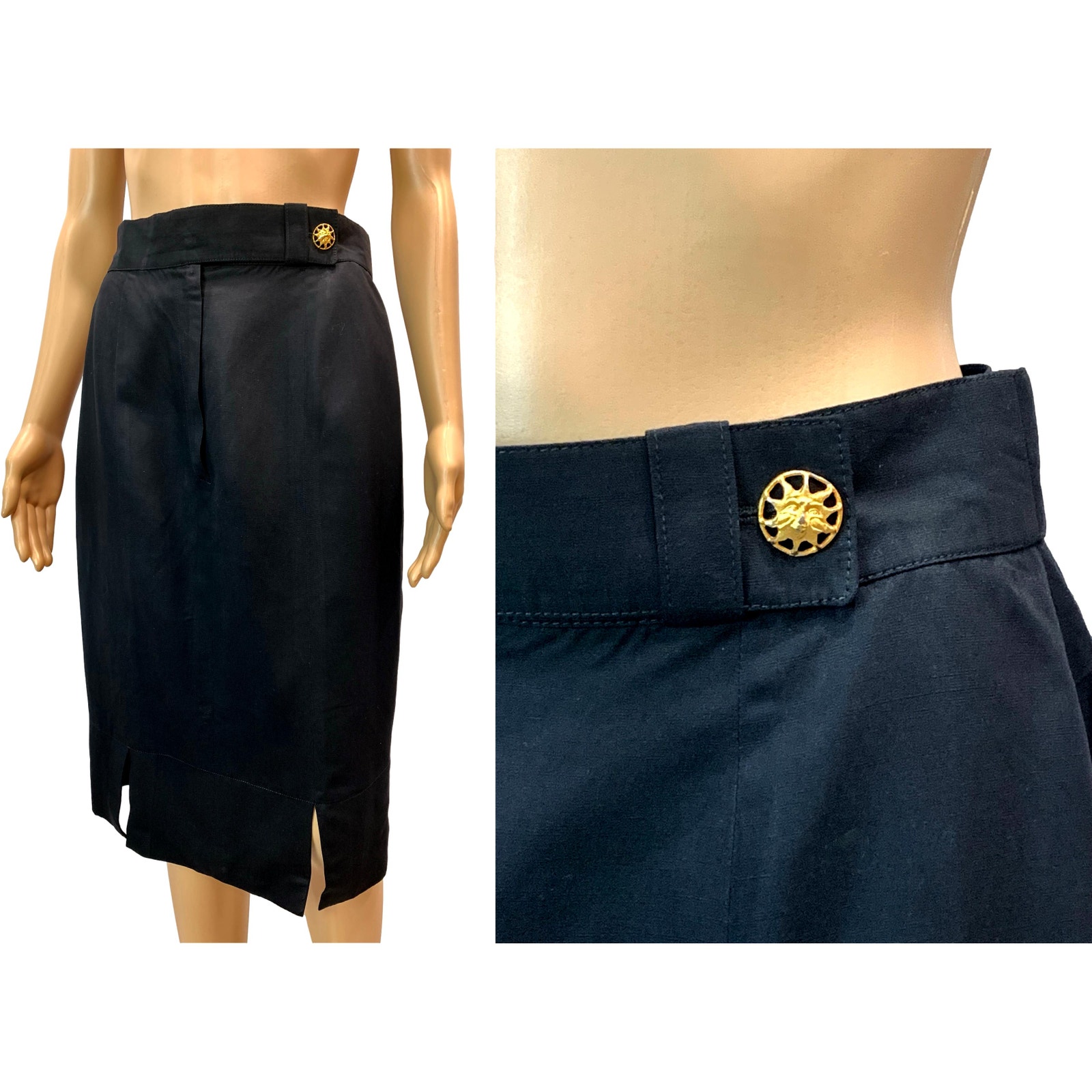 80's Louis Féraud Black Pencil Skirt w Gold Sun Face Button | 28 Waist