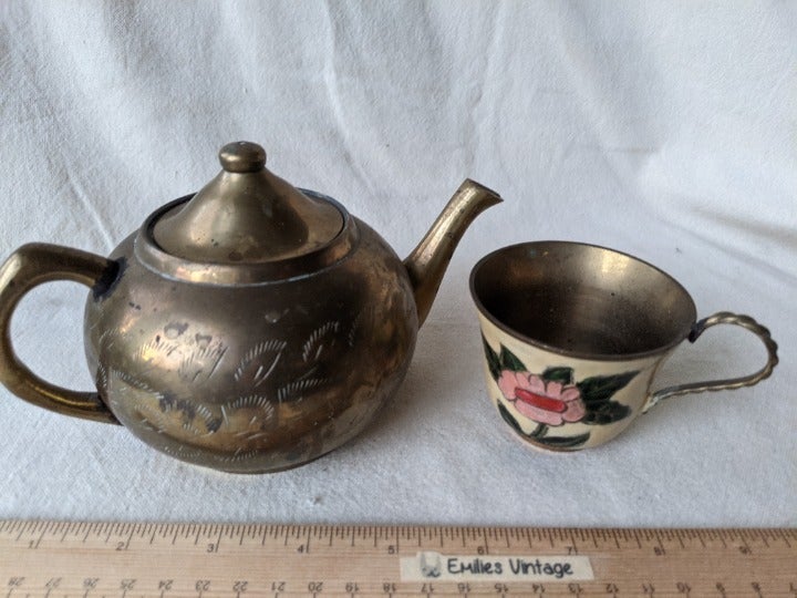 Vtg Brass Tea Pot Kettle & Cup Etched