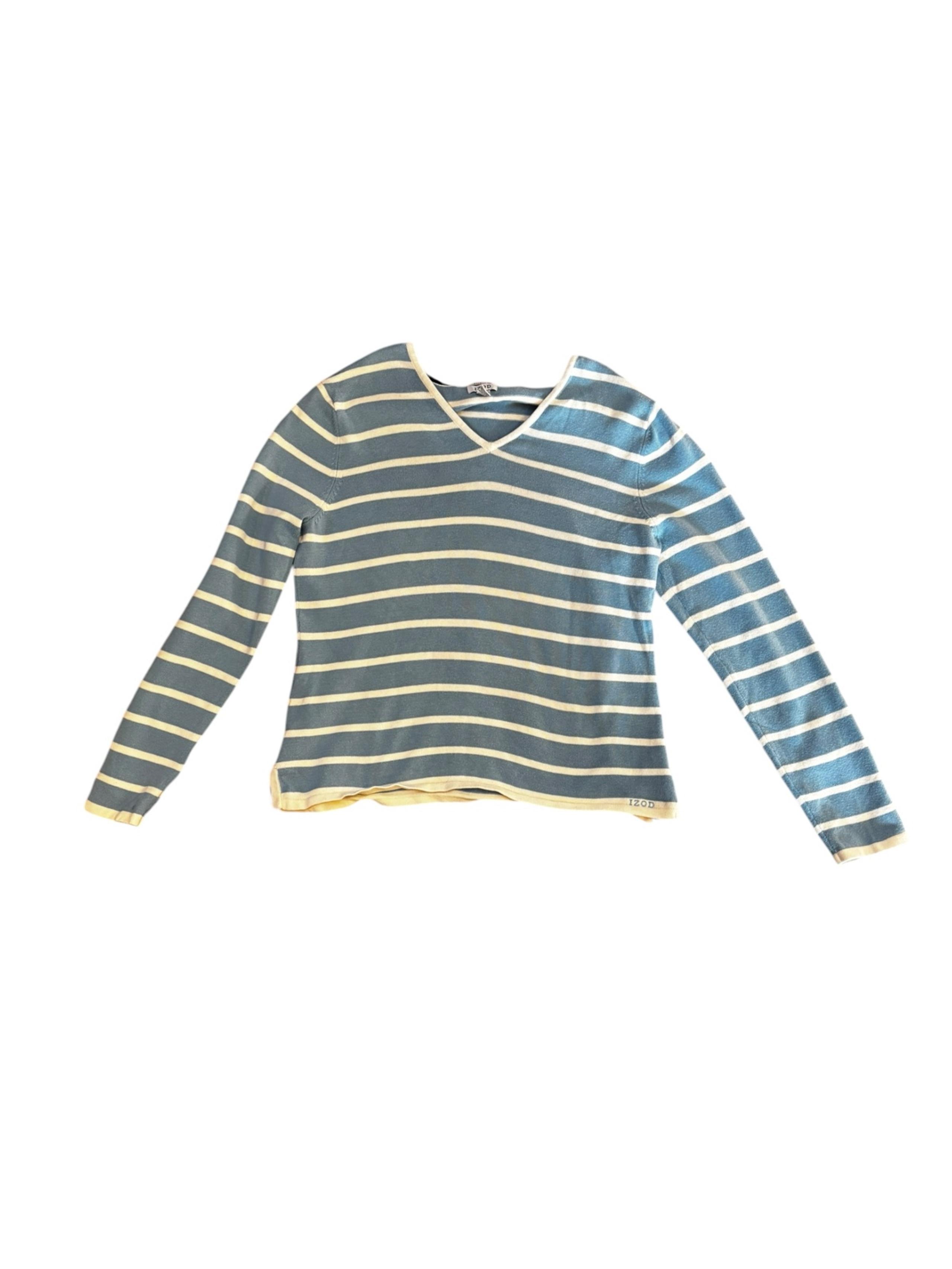 IZOD Women’s Blue & White Striped V-neck Sweater Size L