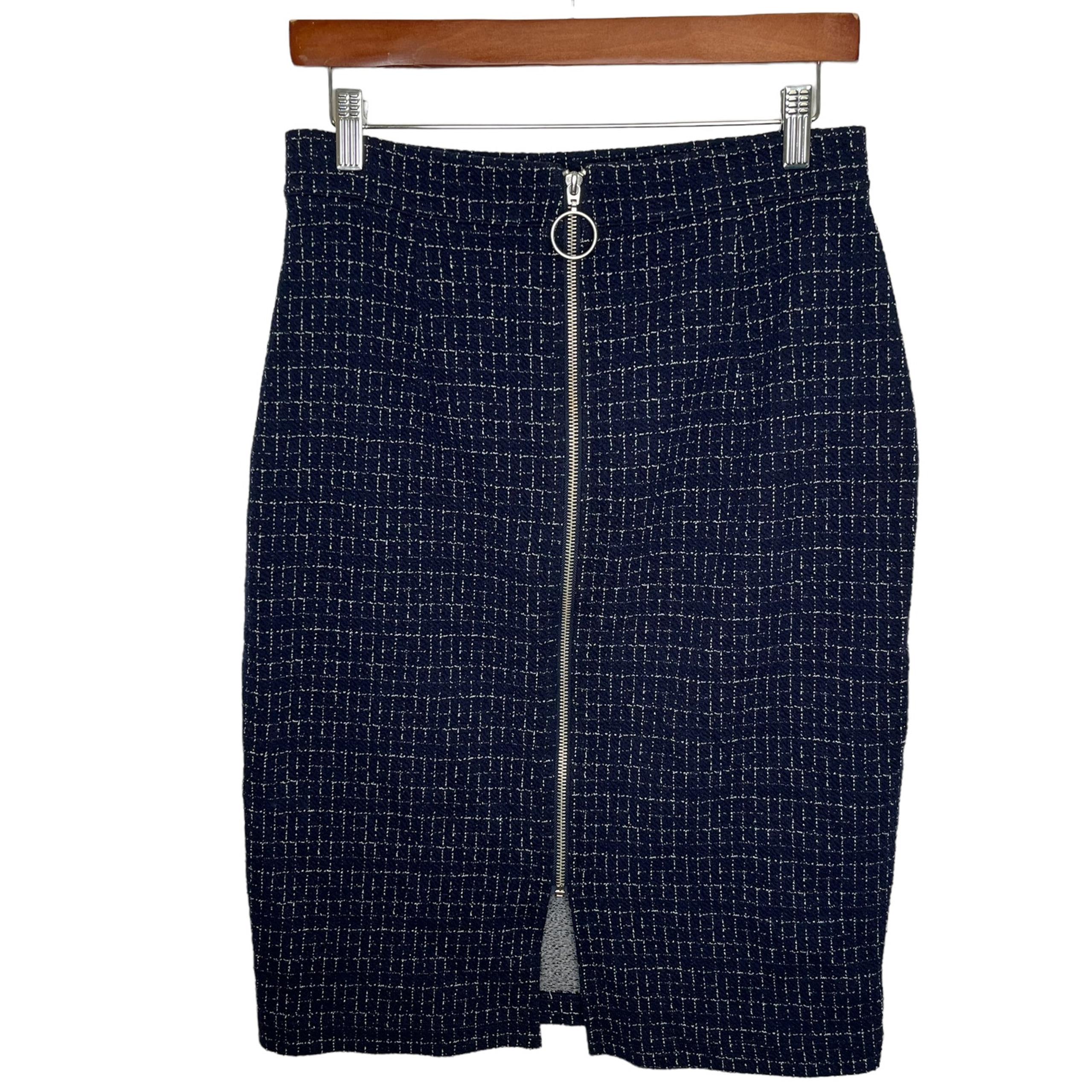 Anthropologie Maeve Pencil Skirt Twee Plaid Hoop Zipper Size Small Navy White