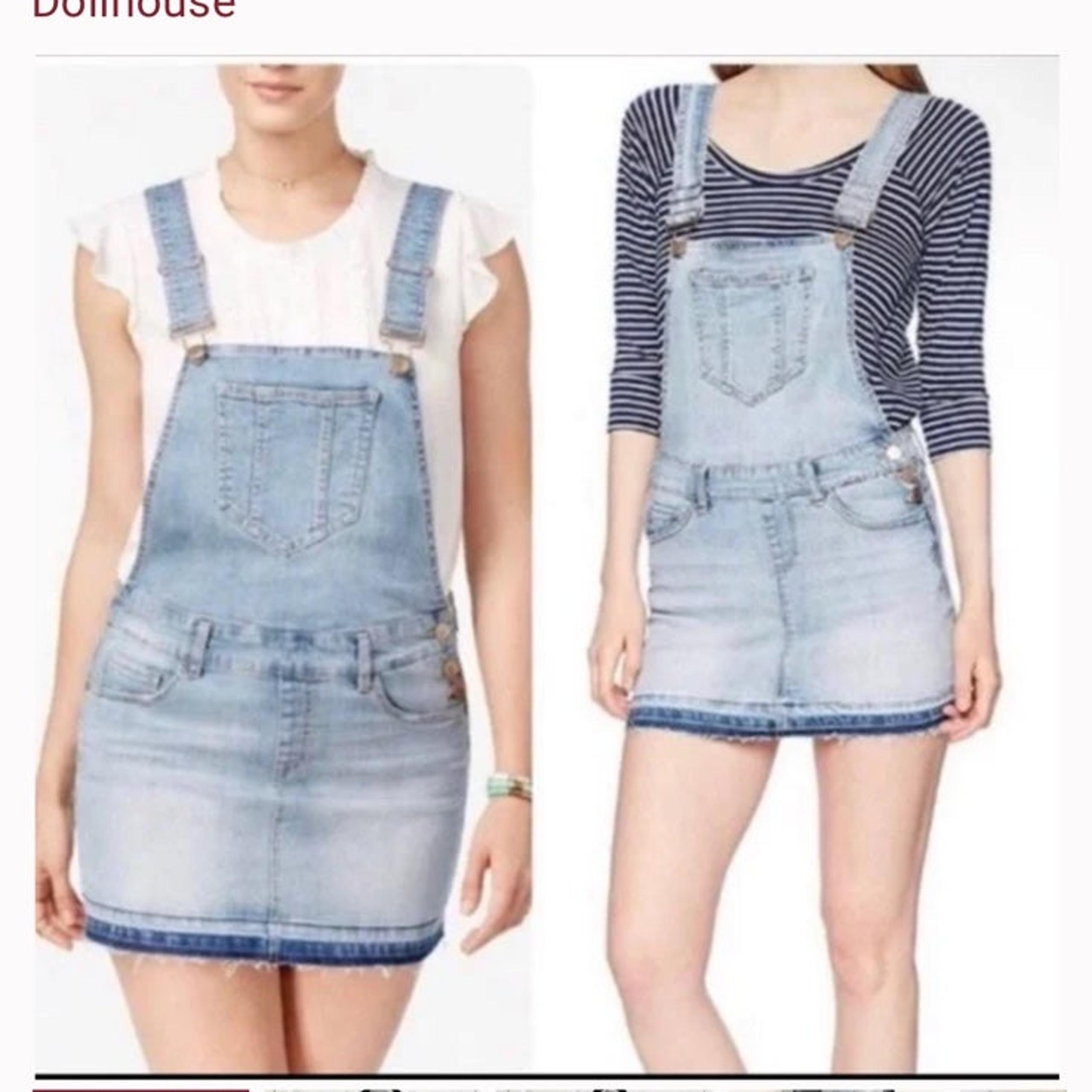 Dollhouse Womens Denim Overall Dress Light Wash with Distressed Hem New With Tag