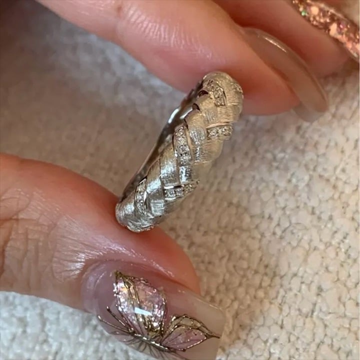 Braided Silver Band Ring – Brushed Texture with Crystals | Pre-Order