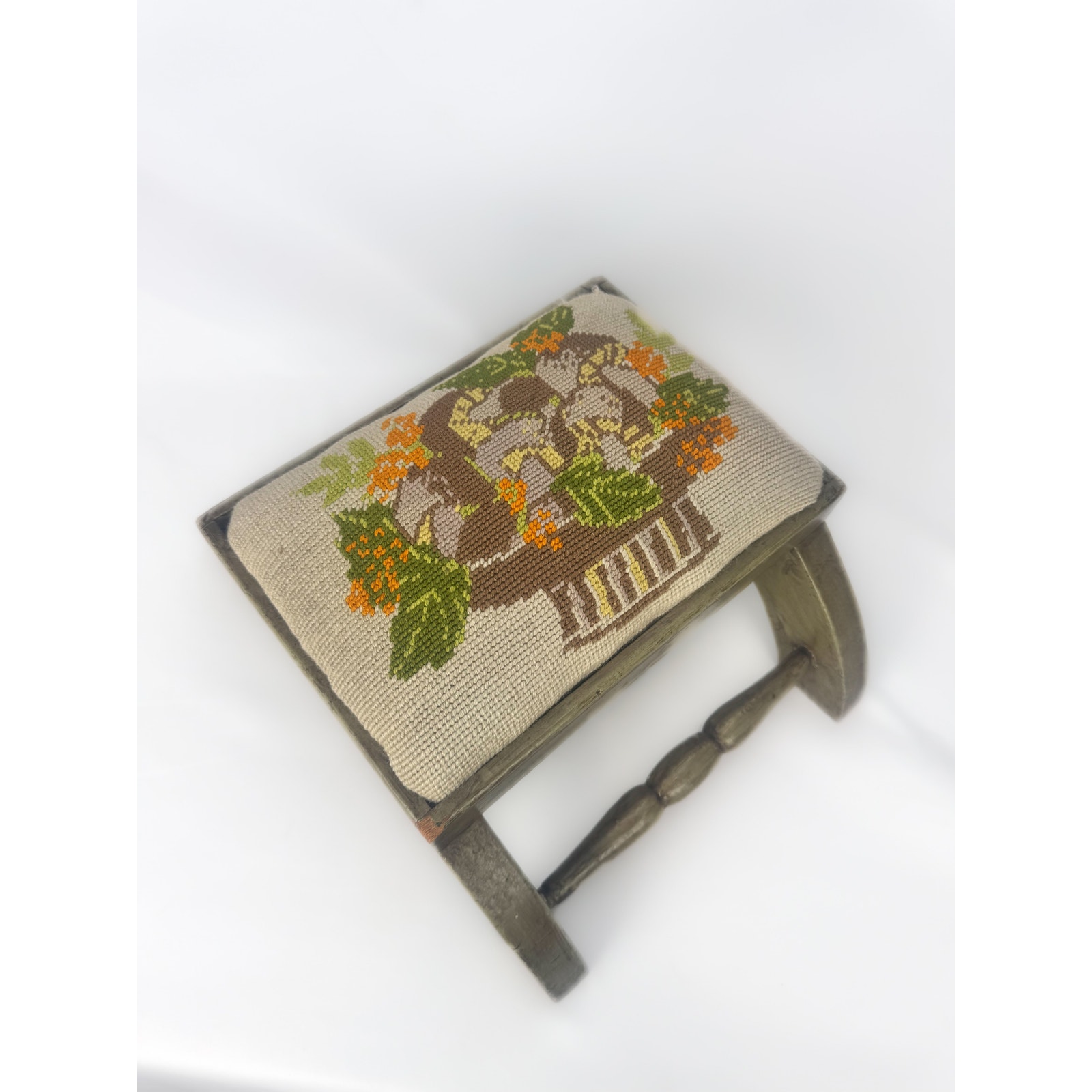 Vintage 1970s Needlepoint Mushroom / Toadstool Wooden Foot Stool - Retro Decor