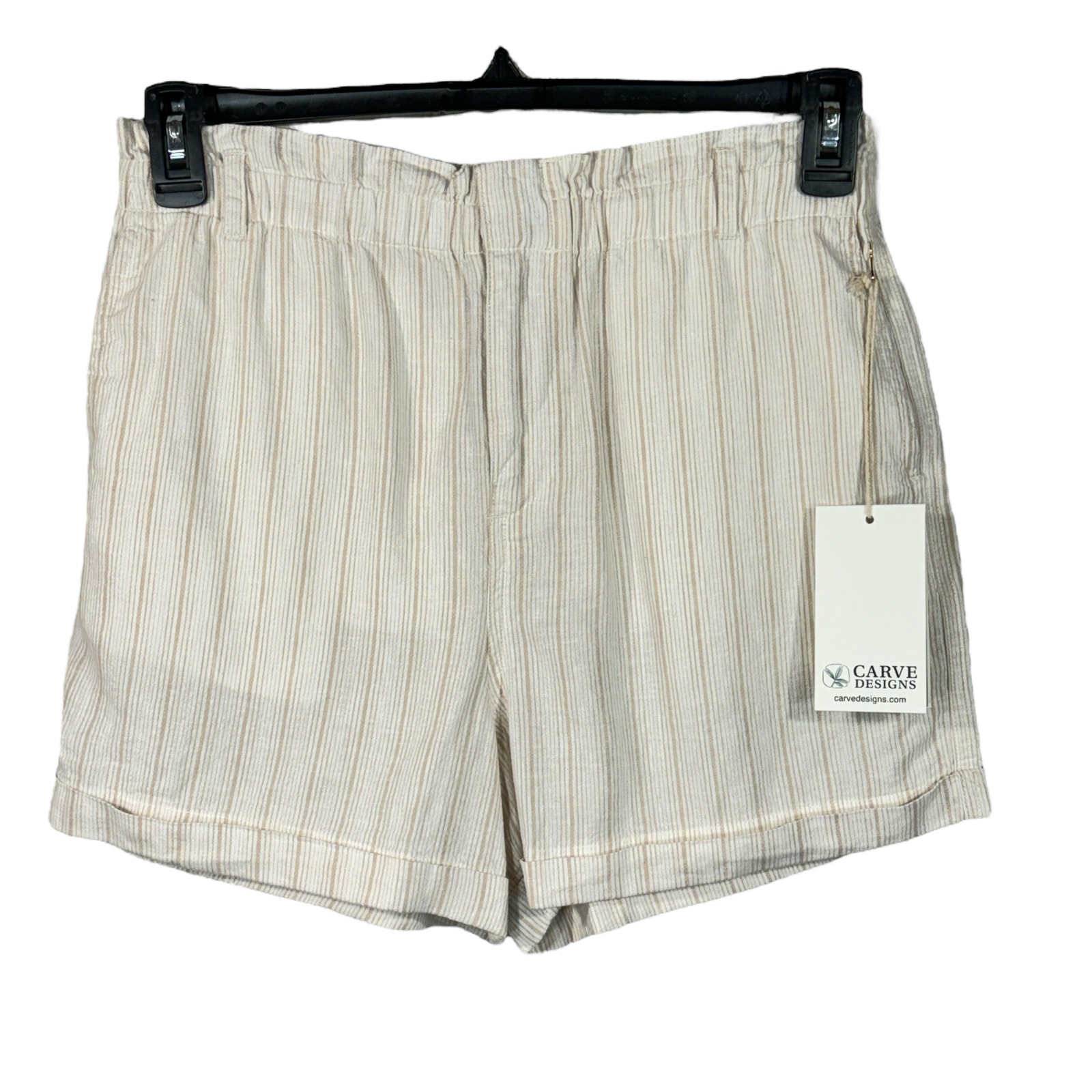 Carve Designs SZ 8 Journey Linen Shorts Striped Cuffed Paperbag Waist Pocket Tan