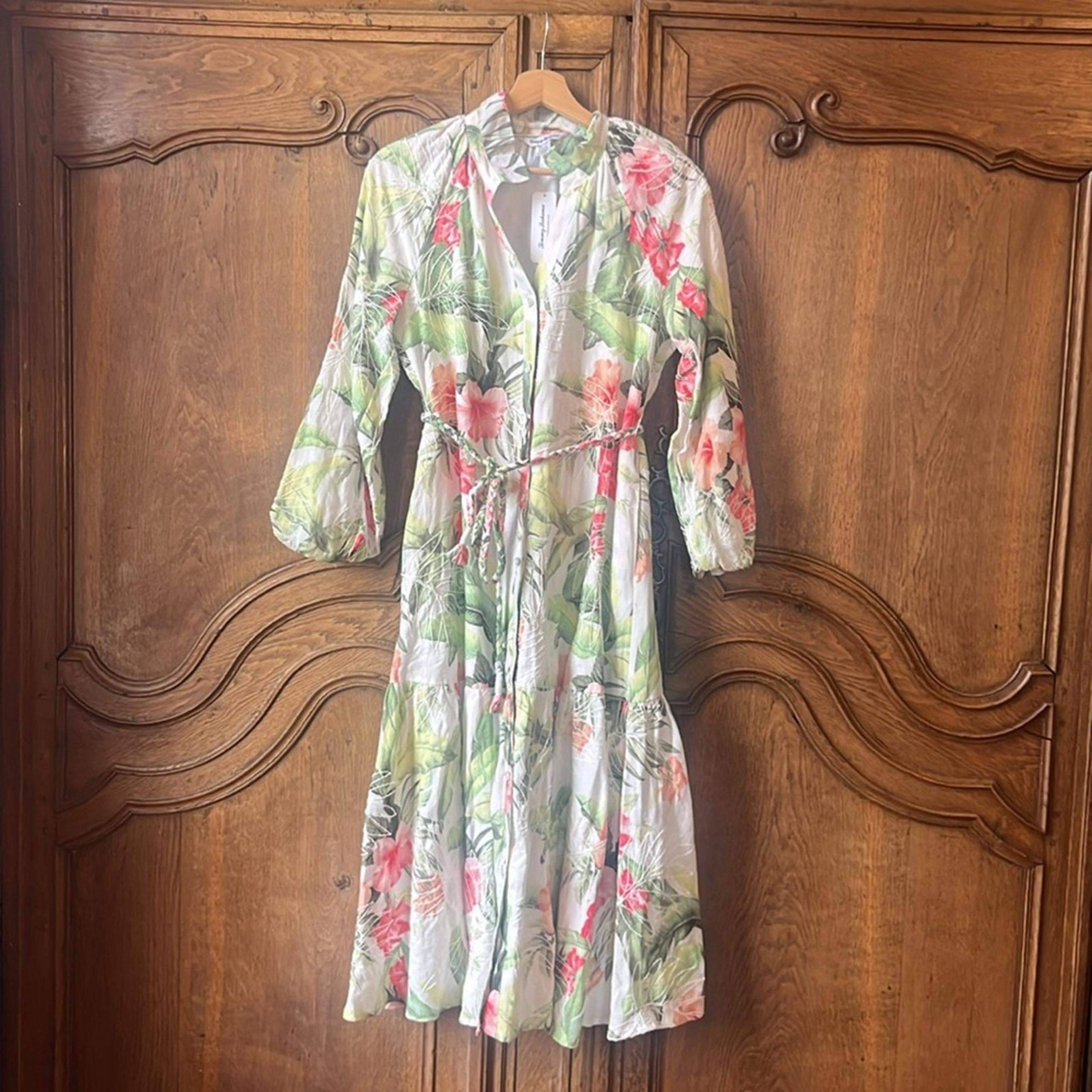 NEW Tommy Bahama Daybreak Hibiscus Floral Long Sleeve Linen Midi Dress Size XS