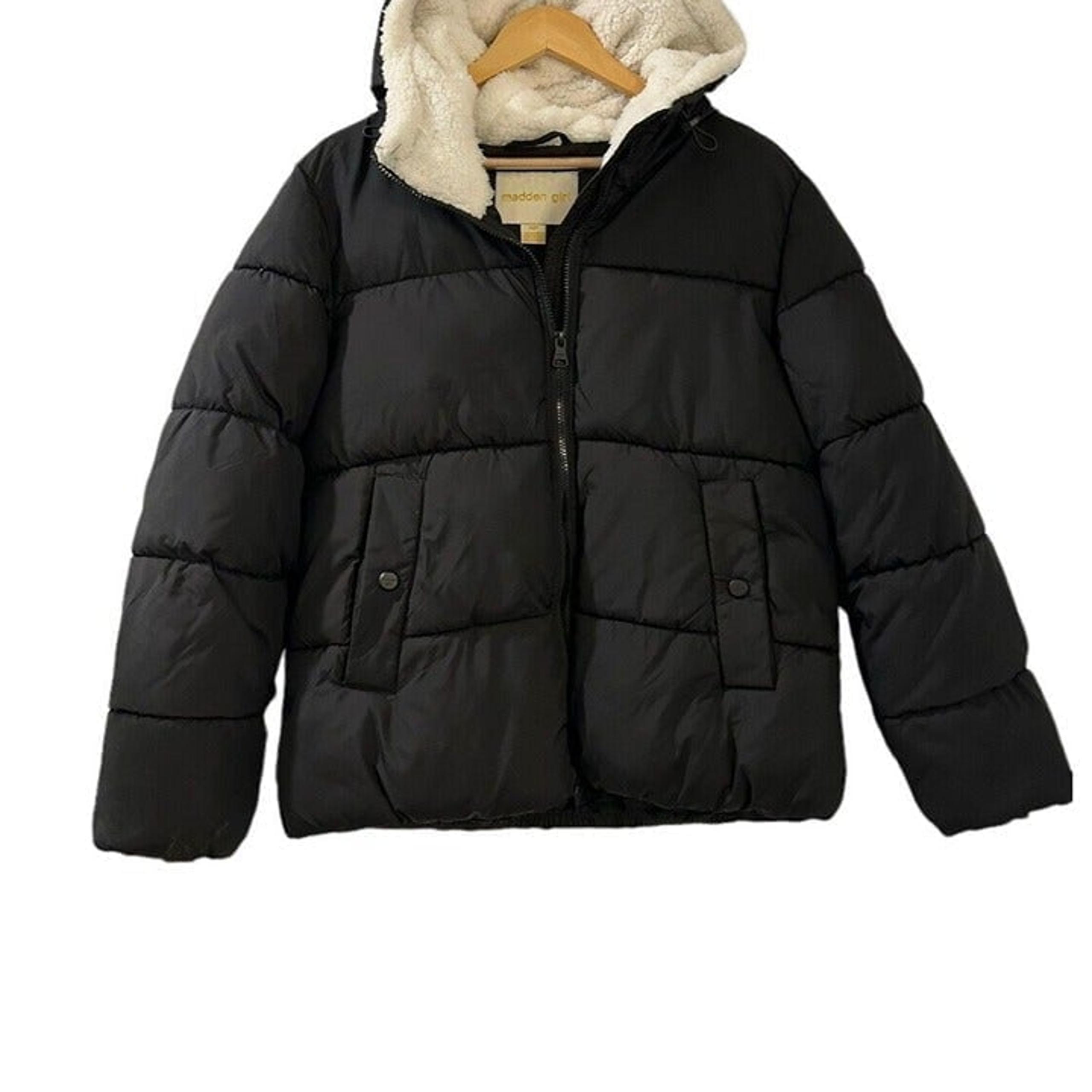 NEW Madden Girl Sherpa Hooded Puffer Jacket Women's Size Small Black Full Zip