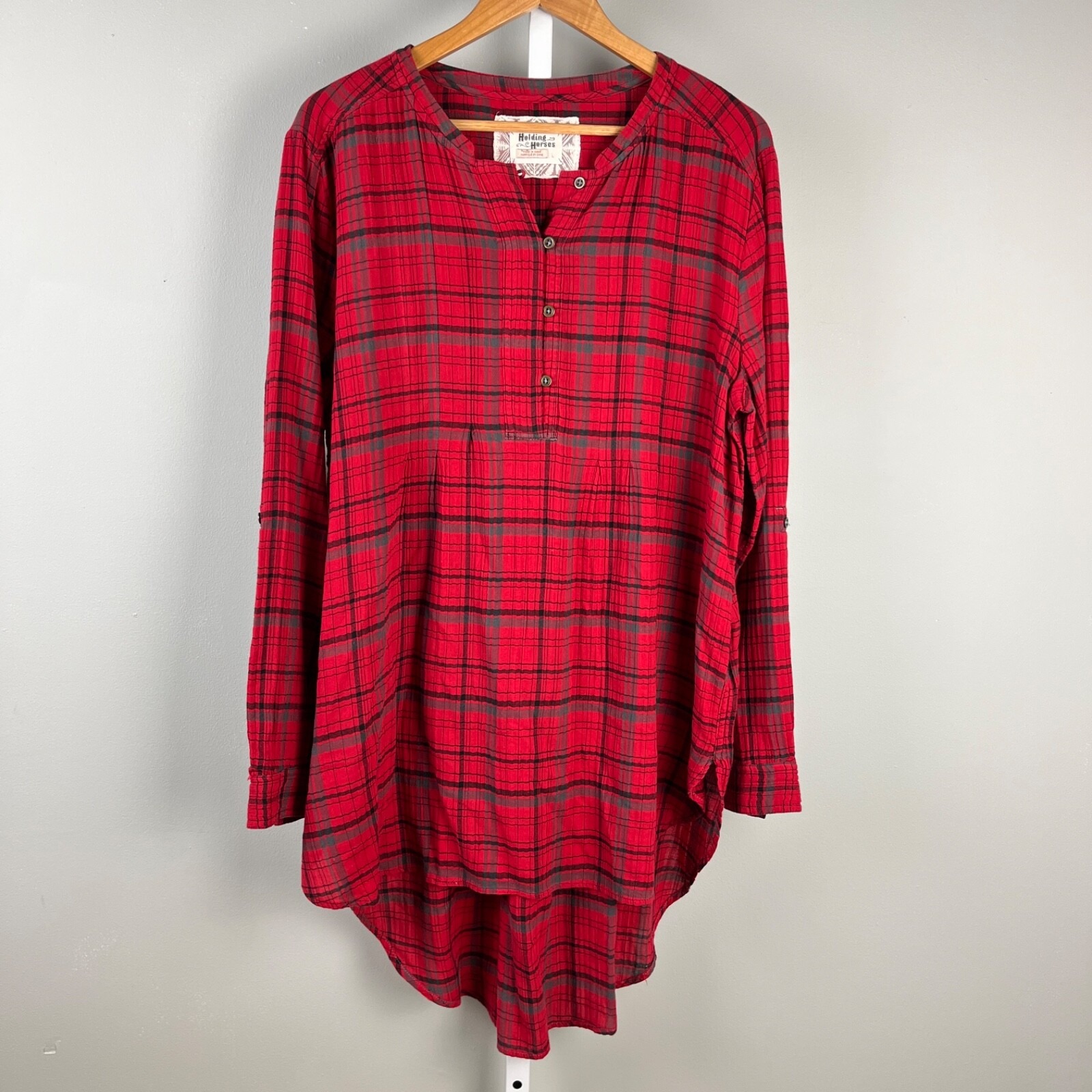 Anthropologie Holding Horses Shirt Dress Womens Large Red Black Plaid Western
