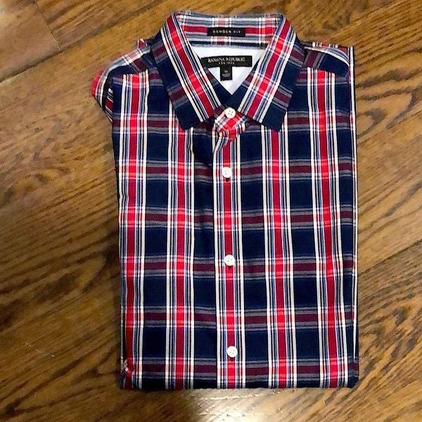 BANANA REPUBLIC Camden Fit Navy & Red Plaid Long Sleeve Button Down Shirt Medium