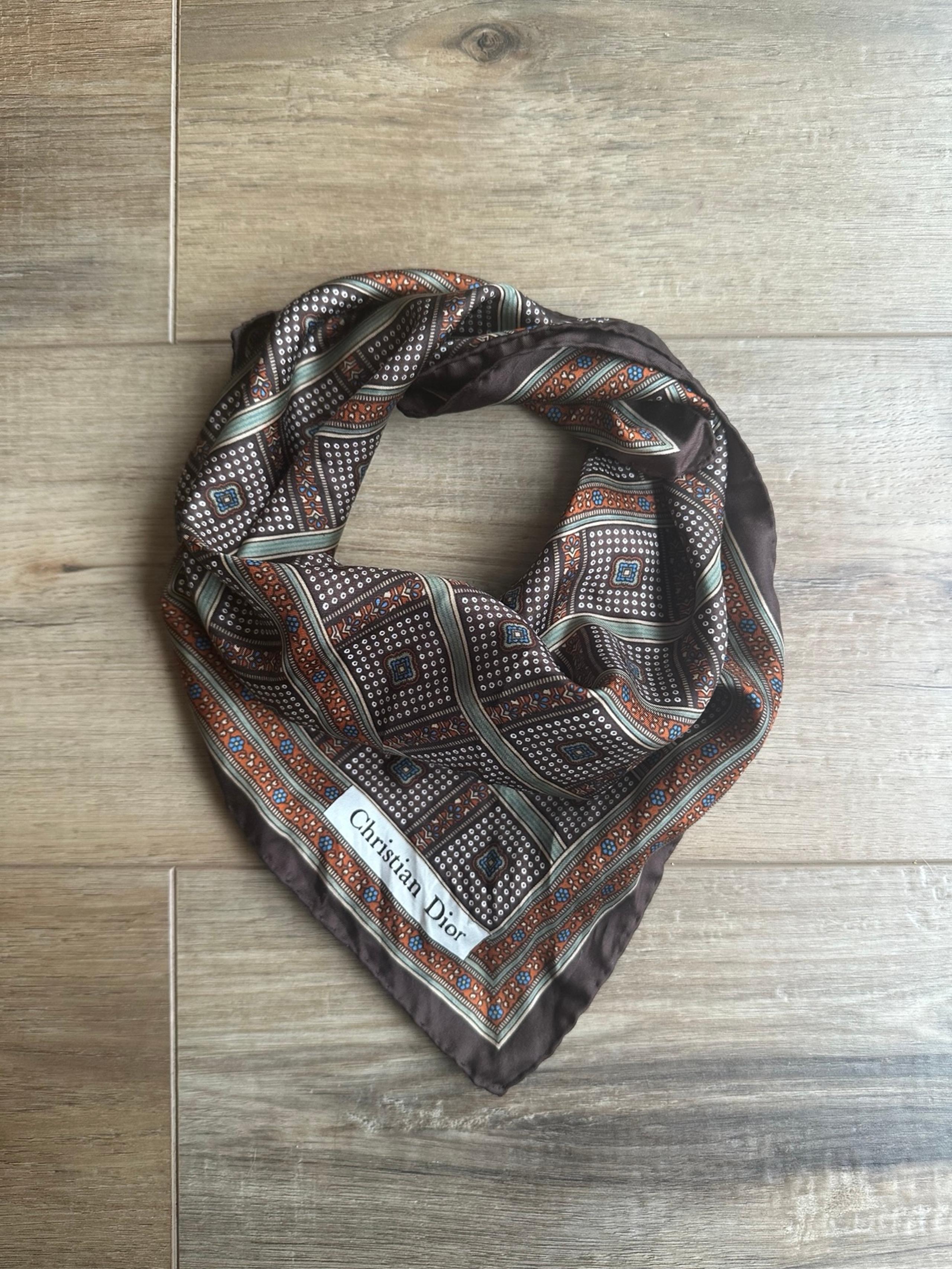 Authentic Christian Dior Vintage 100% Silk Scarf—Chocolate Brown Square Pattern