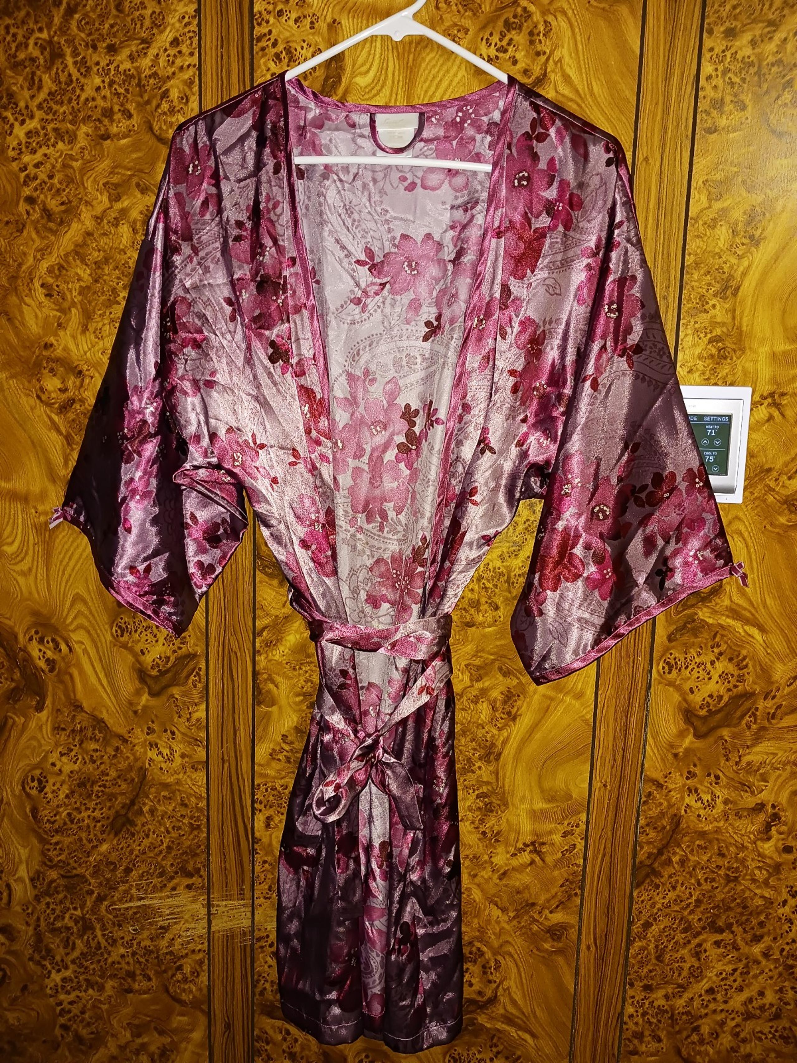 SECRET TREASURES womens kimono slv/style satin robe knee lngth floral pink L