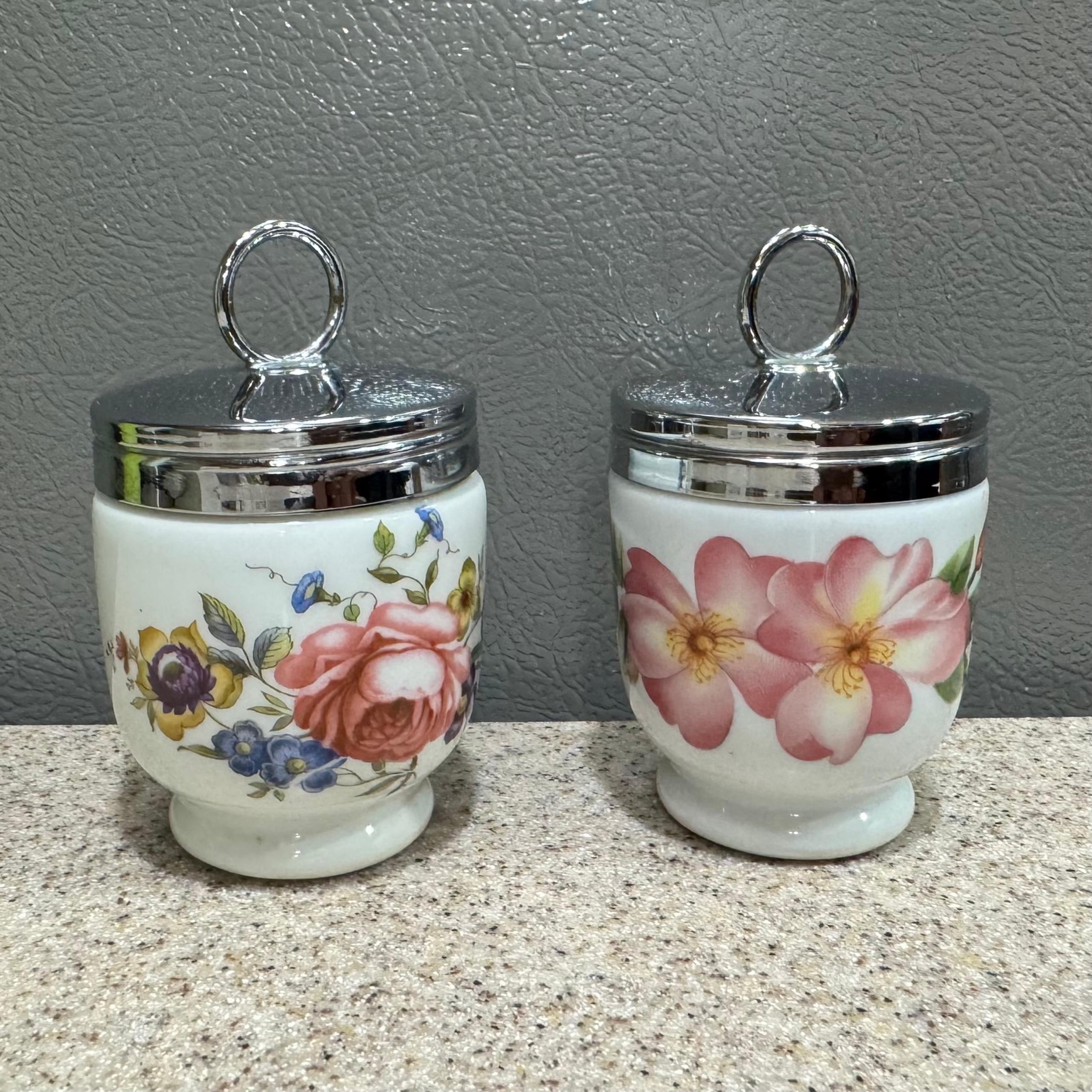2 Vtg Royal Worcester Egg Coddlers Wild Rose Floral Design Made in England EUC