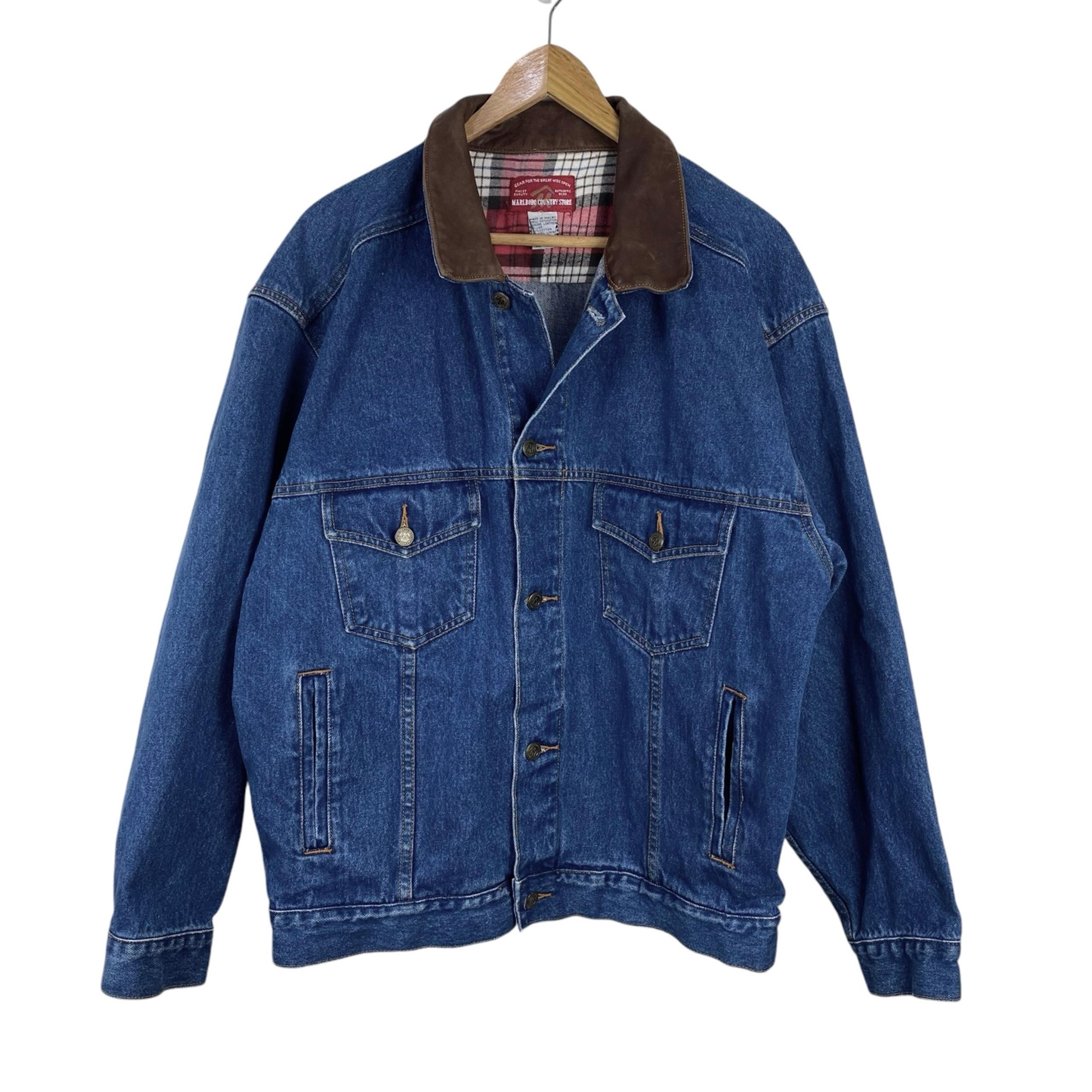 Men’s Vintage Marlboro Country Store Denim Jean Jacket Leather Collar Sz L Blue