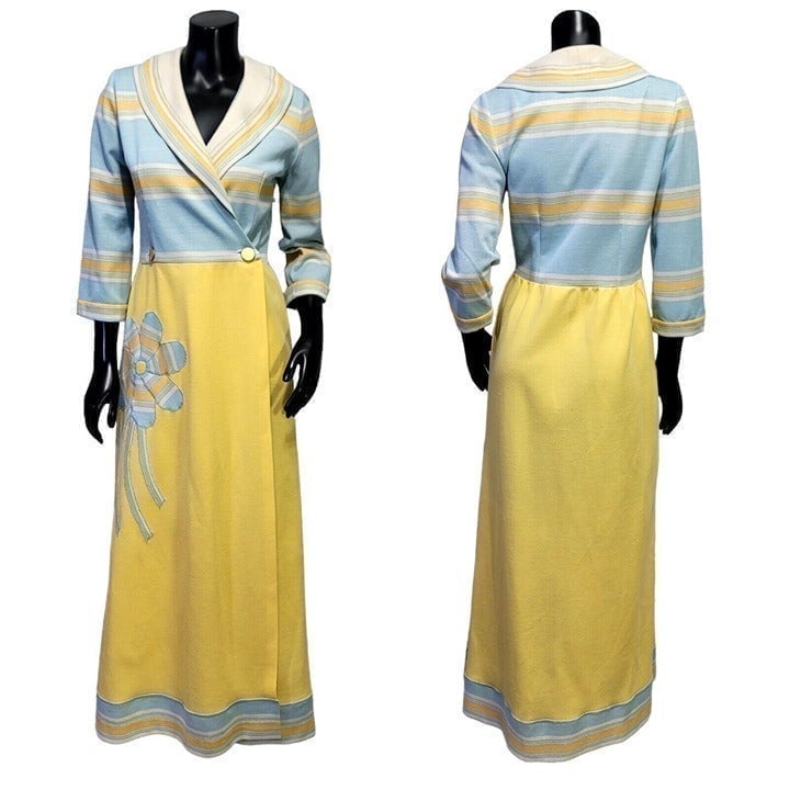 Vintage 60s 70s Womens M Knit Polyester Wrap Maxi Dress Hippie Flower Applique