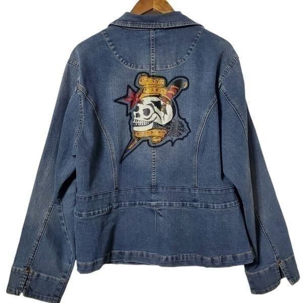 Y2K Fubu Collection Denim Blazer Jacket Size 3X Skull Live Life Sexy Graphic