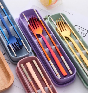 Stainless Steel Cutlery Set - Spoon Fork & Chopsticks with Wheat Box