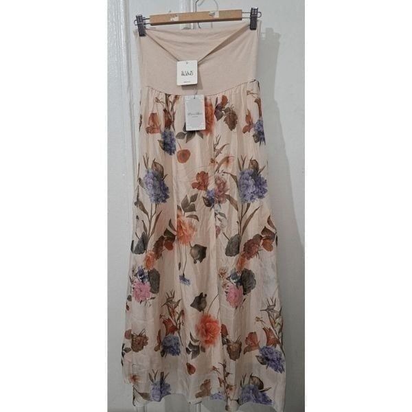 Elena Baldi Made in Italy Silk Blend Womens Large Floral Maxi Skirt medium Beige