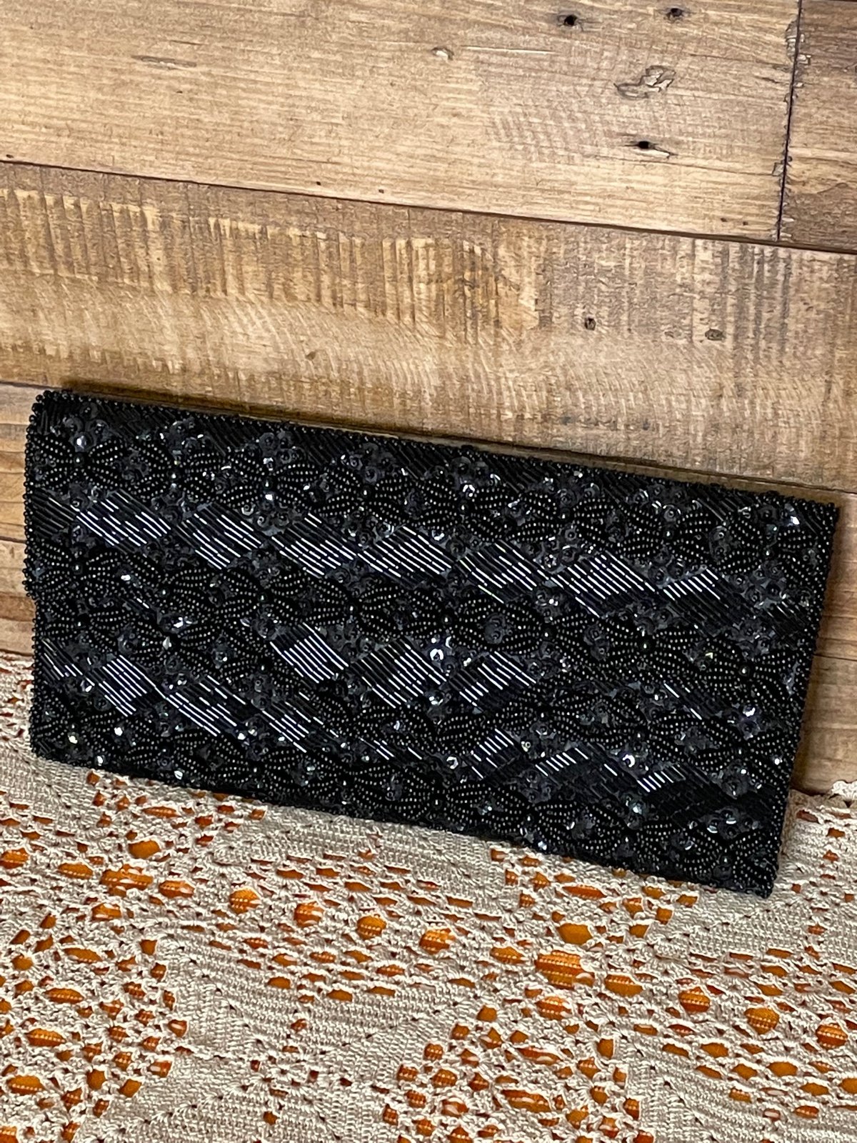 Vintage Beaded Black Evening Bag Clutch In Like New Condition