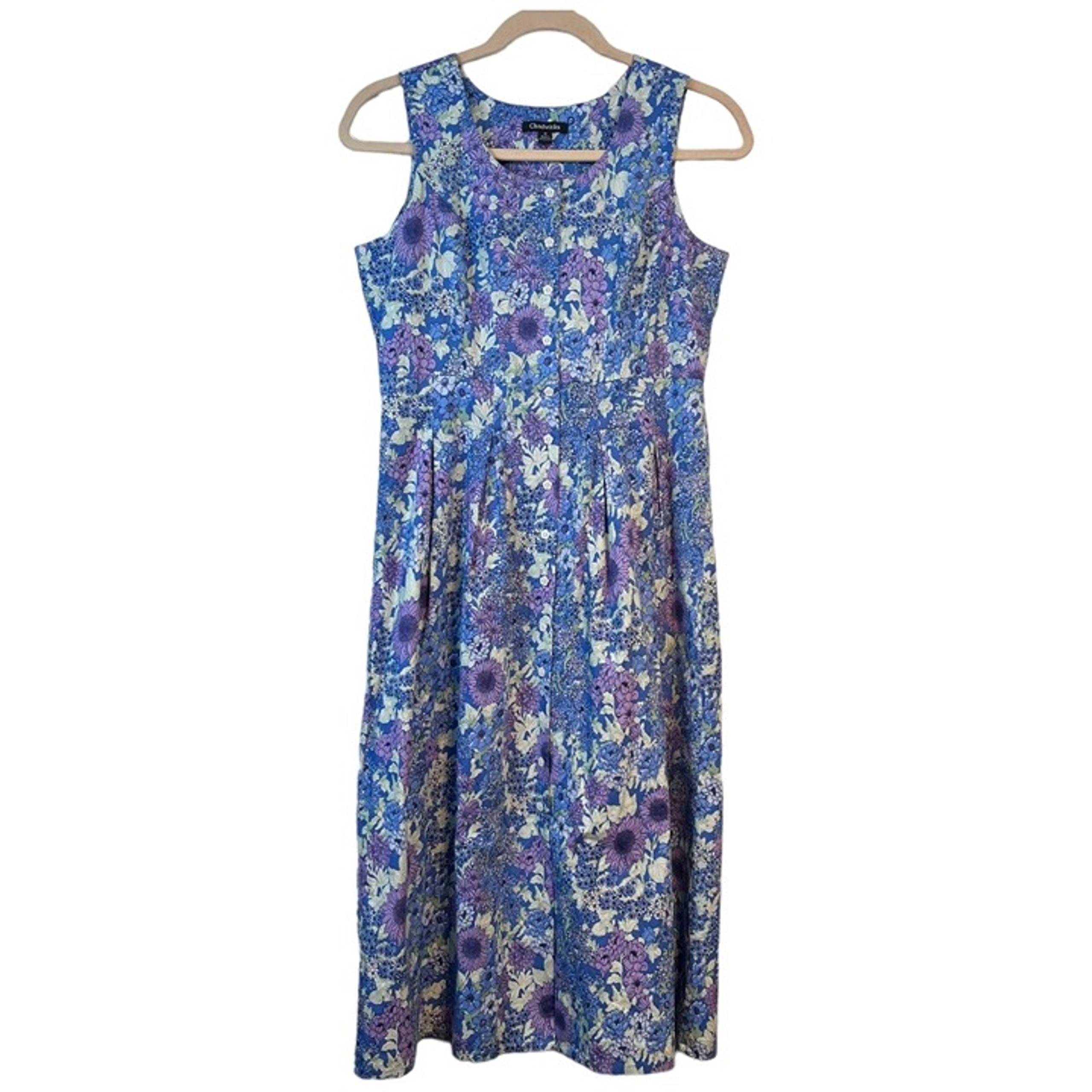 Chadwicks Womens Floral Midi Button Front Dress Size 12 Purple Blue Sleeveless