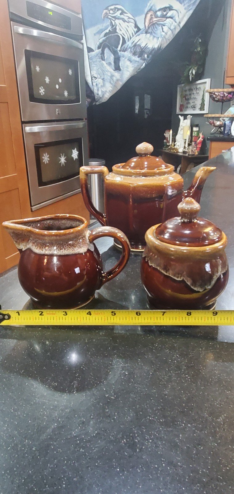 Vintage Tea Set In A Brown drip glaze Includes teapot cream and sugar bowl w/lid