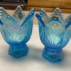 Set of 2 Fenton Iridescent Celeste Blue Glass Tulip Votive/Taper Candle Holder