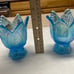 Set of 2 Fenton Iridescent Celeste Blue Glass Tulip Votive/Taper Candle Holder