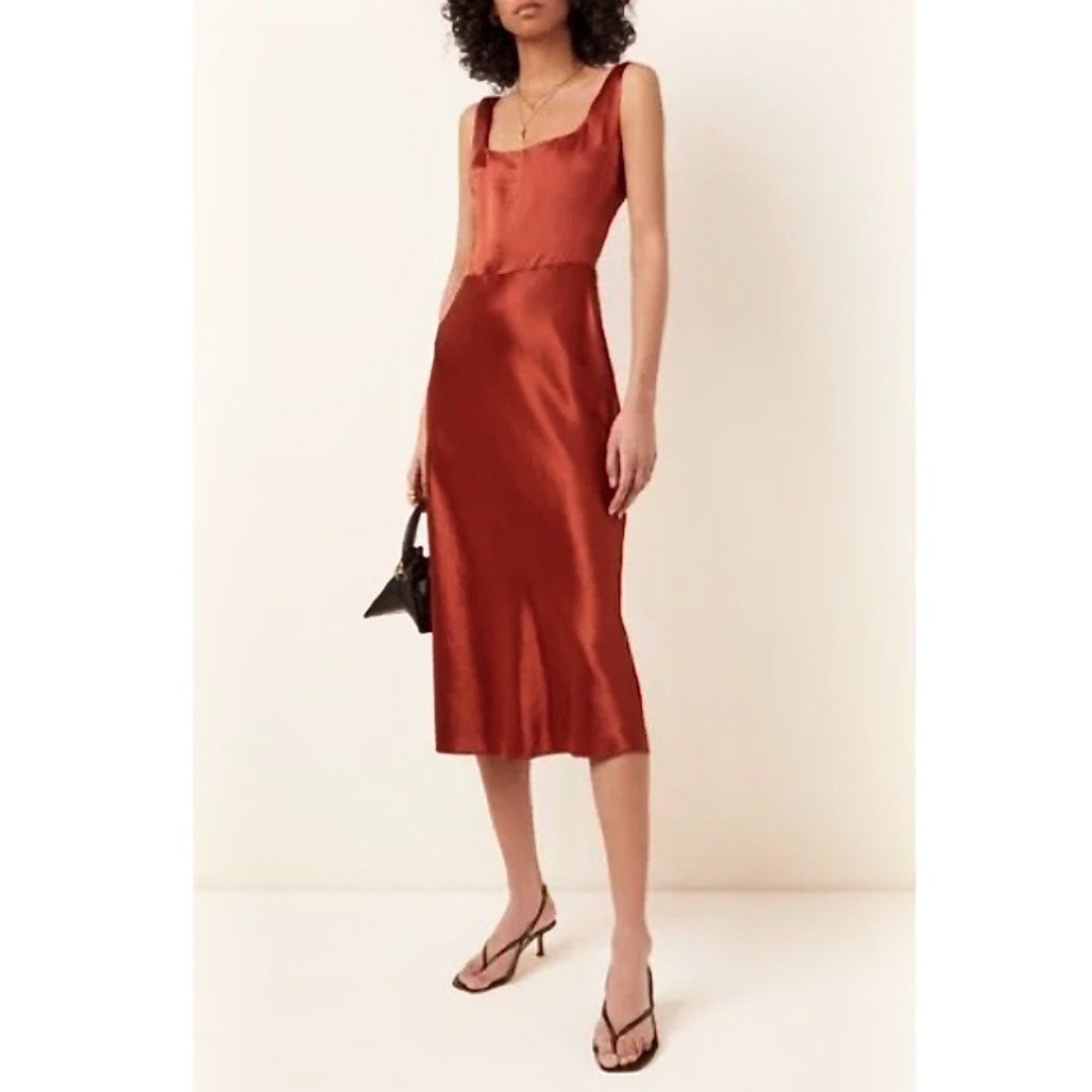 NWT Vince Slim Fitted Square Neck Midi Slip Dress in Sangre Red Satin Womens 2