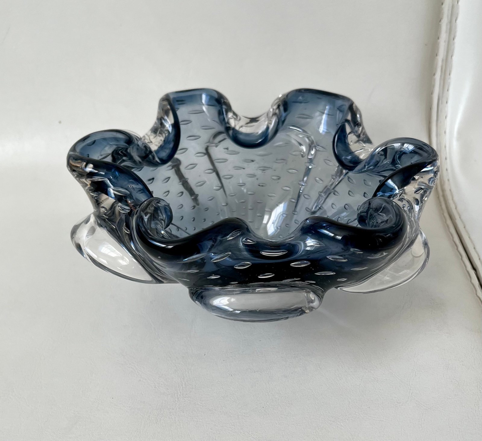 Vintage Murano Italy Ruffled Gray Bubble Infused Glass Bowl.