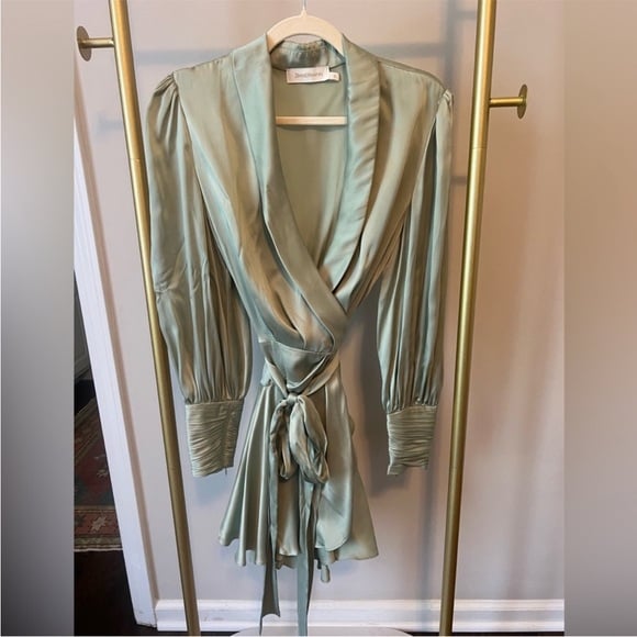 Zimmermann Silk Ruffle Wrap Dress Sage Green Size 1 Small