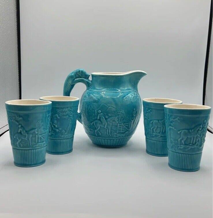 Pitcher and Matching Cups Set Adorned With Hunt Scene